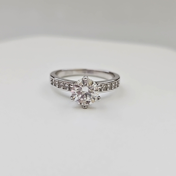 1ct Round Moissanite Ring with CZ side Stones